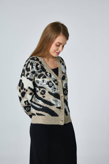 Leopardstickad kofta med strass - Beige