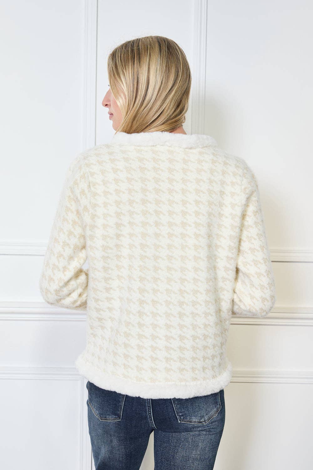 Houndstooth kofta med fuskpäls trim - Onesize