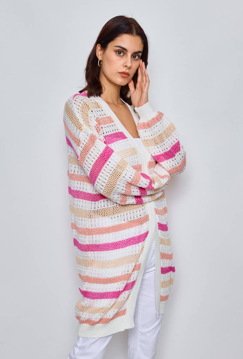 Lång virkad cardigan - 100 % Bomull - Rosa L/XL