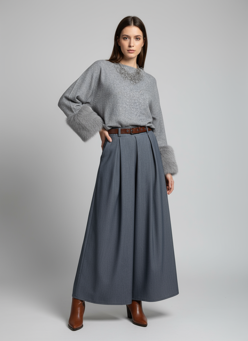 Grå-blå vida byxor med bälte och fickor: Free Size