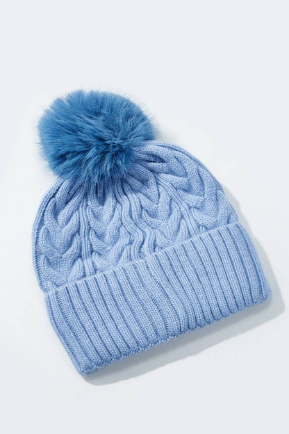 Flätad mössa med tofs: Blå - 30% Ull
