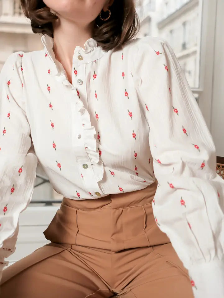Blus med små blommor - Röd