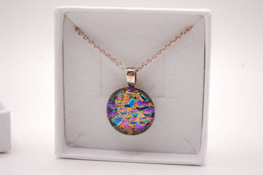Halskedja - Litet Glashänge - Dichroic Glas - Rund Färgglad - Silver
