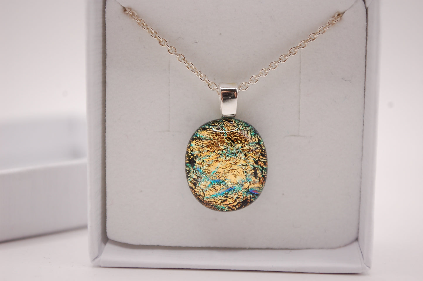 Halskedja - Litet Glashänge - Dichroic Glas - Gul / Grön - Silver