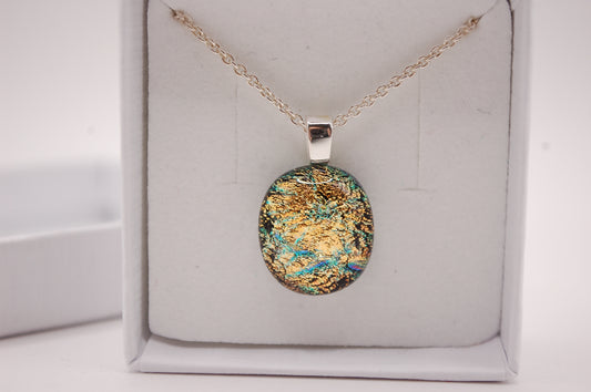 Halskedja - Litet Glashänge - Dichroic Glas - Gul / Grön - Silver