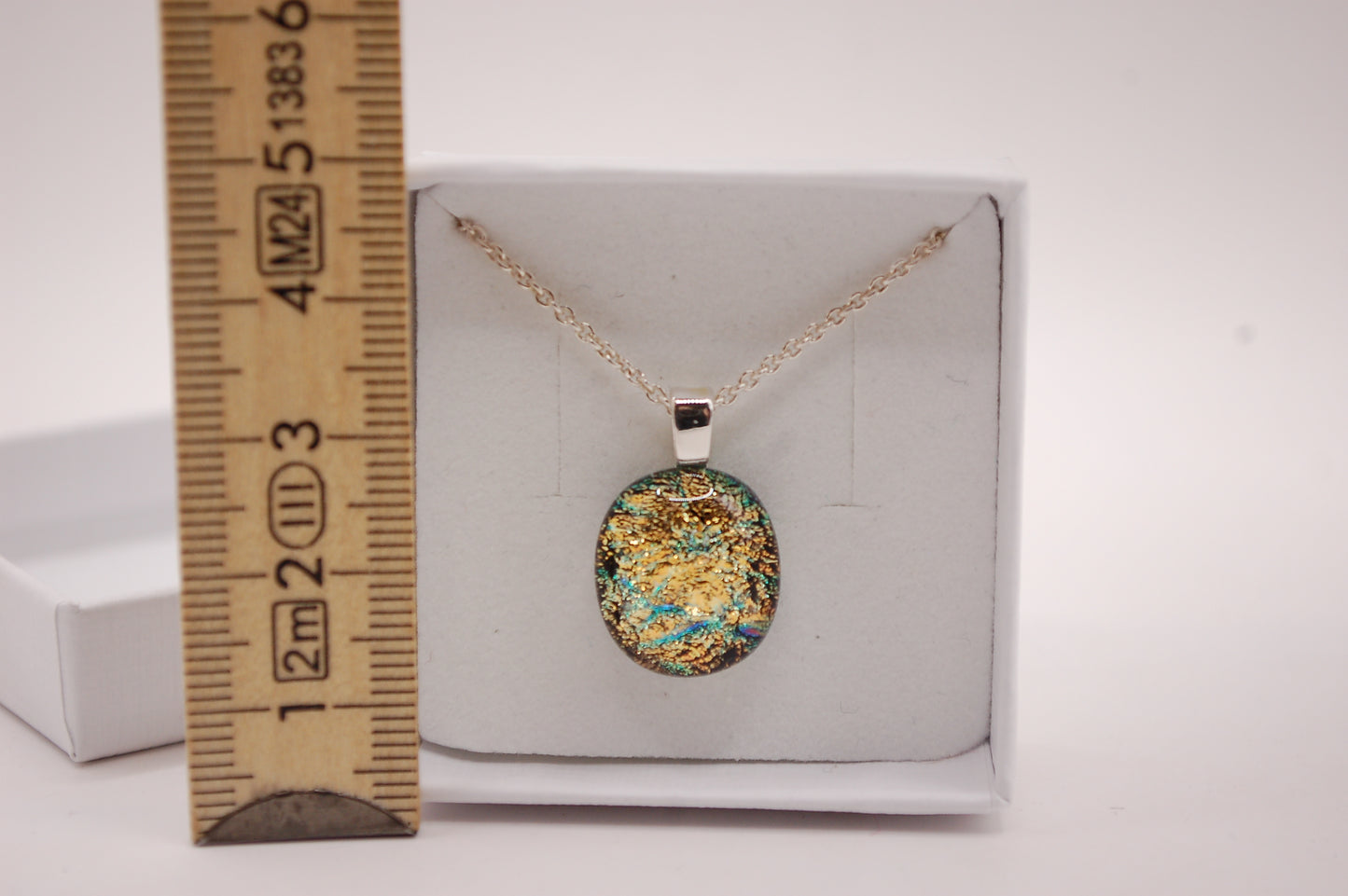 Halskedja - Litet Glashänge - Dichroic Glas - Gul / Grön - Silver