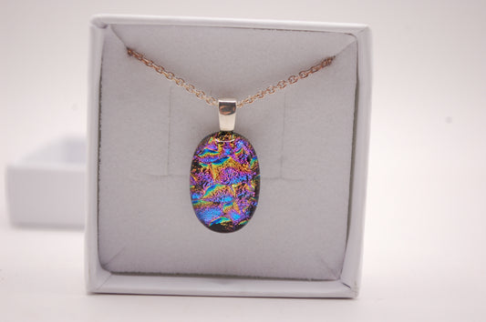 Halskedja - Litet Glashänge - Dichroic Glas - Lila/Färgglad - Silver