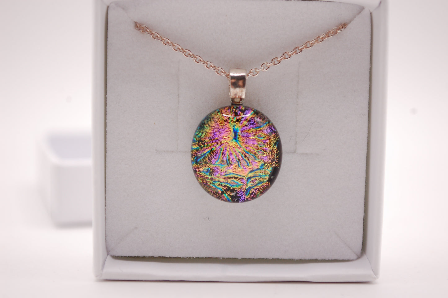 Halskedja - Litet Glashänge - Dichroic Glas - Färgglad - Silver