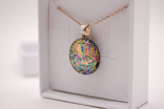 Halskedja - Litet Glashänge - Dichroic Glas - Färgglad - Silver