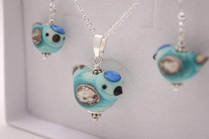 Fågel Halsband + Örhängen i Set -  Silver - Turkos - Marianne Degener
