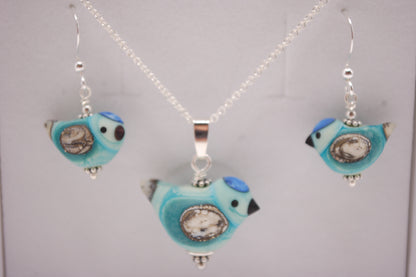 Fågel Halsband + Örhängen i Set -  Silver - Turkos - Marianne Degener