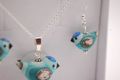 Fågel Halsband + Örhängen i Set -  Silver - Turkos - Marianne Degener