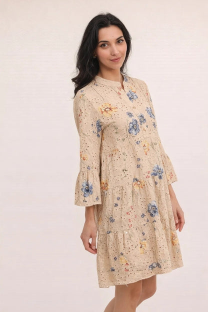 Klänning m. blommönster i 100 % bomull : Kamel