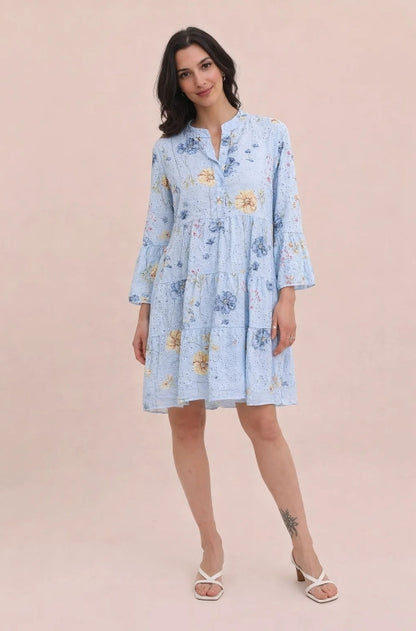 Klänning m. blommönster i 100 % bomull : Himmel Blå