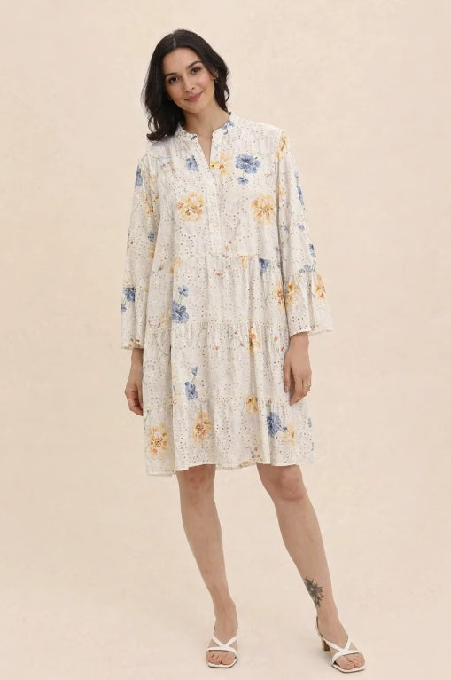 Klänning m. blommönster i 100 % bomull : Beige