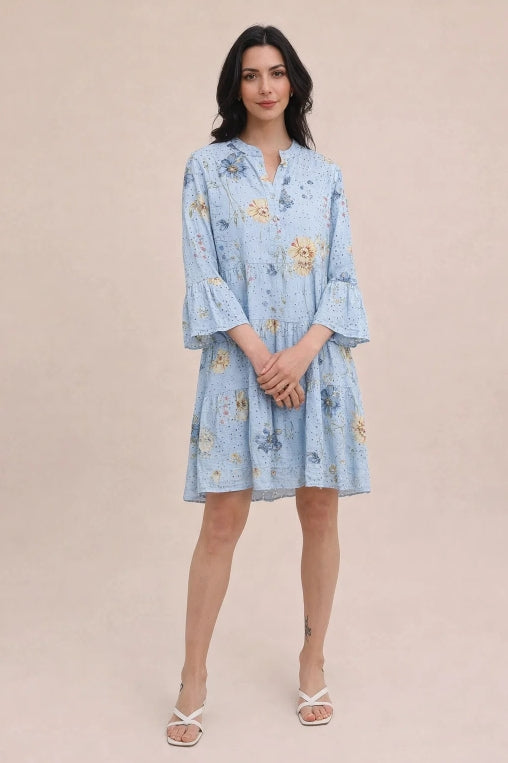 Klänning m. blommönster i 100 % bomull : Himmel Blå