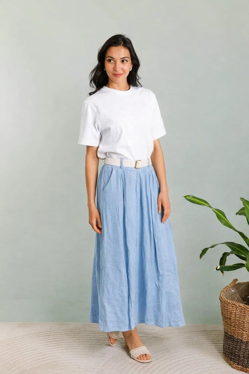 Byxor m. skärp i 100% linne : Himmel Blå