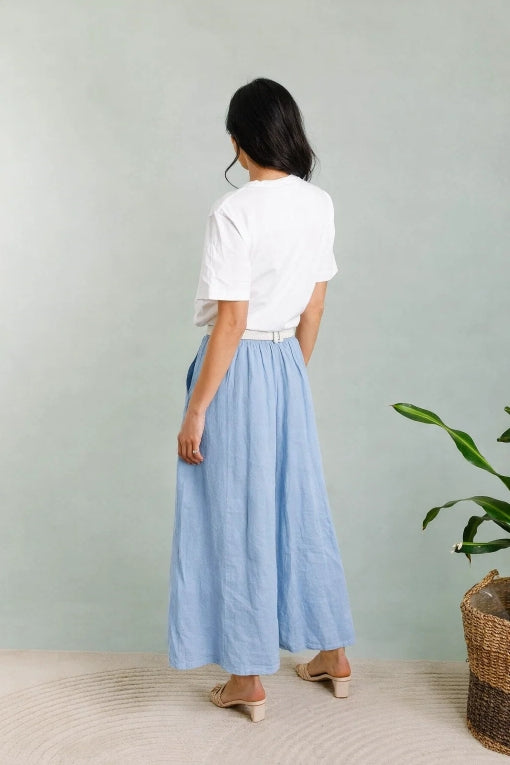 Byxor m. skärp i 100% linne : Himmel Blå