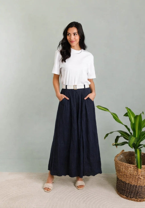 Byxor m. skärp i 100% linne : Marin