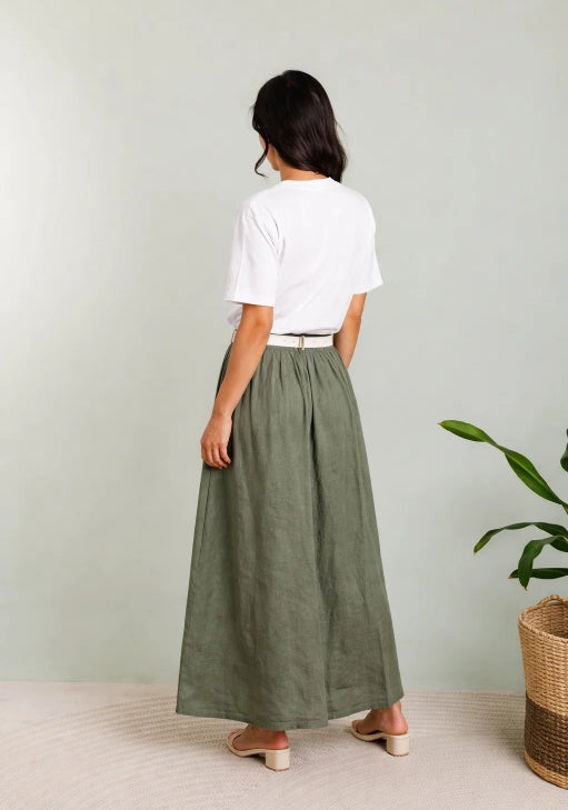 Byxor m. skärp i 100% linne : Khaki