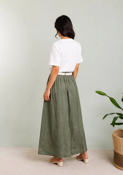 Byxor m. skärp i 100% linne : Khaki