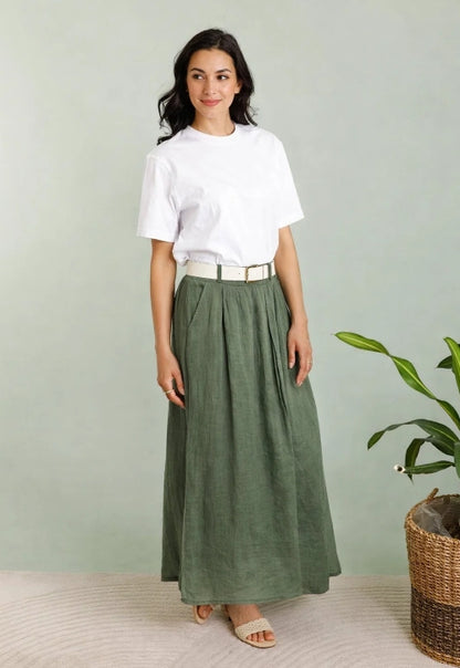 Byxor m. skärp i 100% linne : Khaki