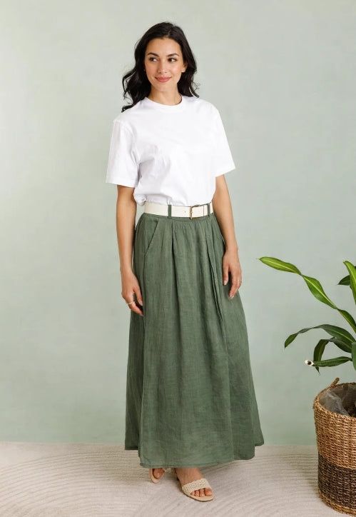 Byxor m. skärp i 100% linne : Khaki