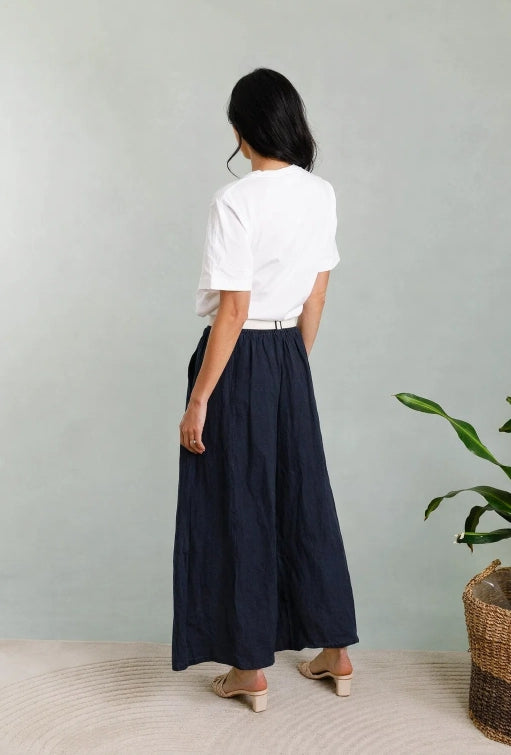 Byxor m. skärp i 100% linne : Marin