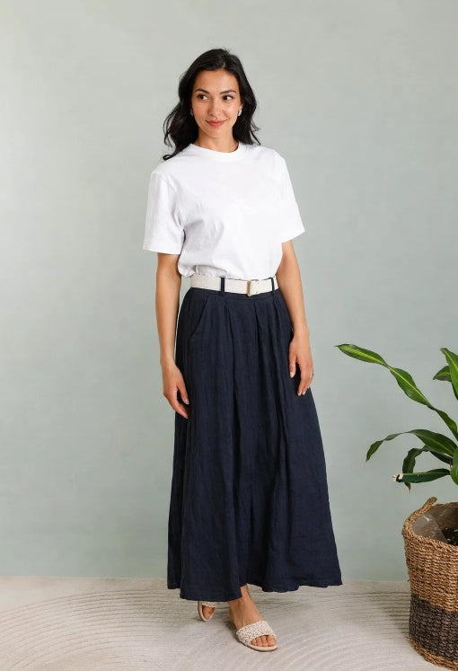 Byxor m. skärp i 100% linne : Marin