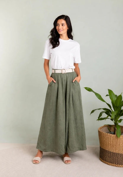 Byxor m. skärp i 100% linne : Khaki