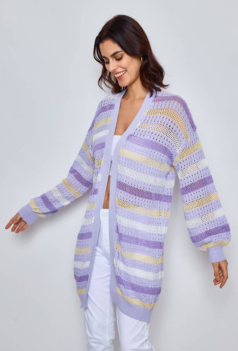 Lång virkad cardigan - 100 % Bomull - Lavendel L/XL