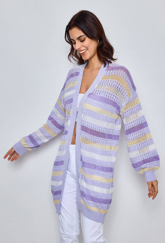 Lång virkad cardigan - 100 % Bomull - Lavendel L/XL