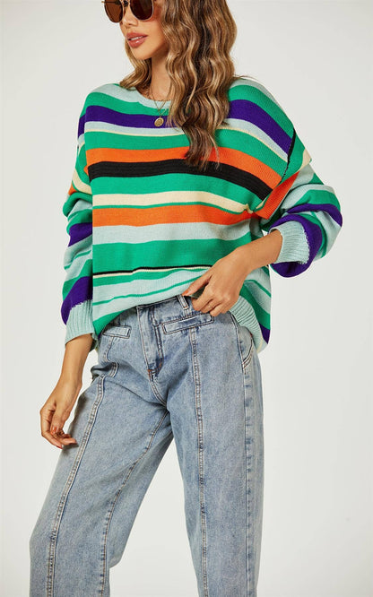 Flefärgad Randig Stickad Tröja - One Size