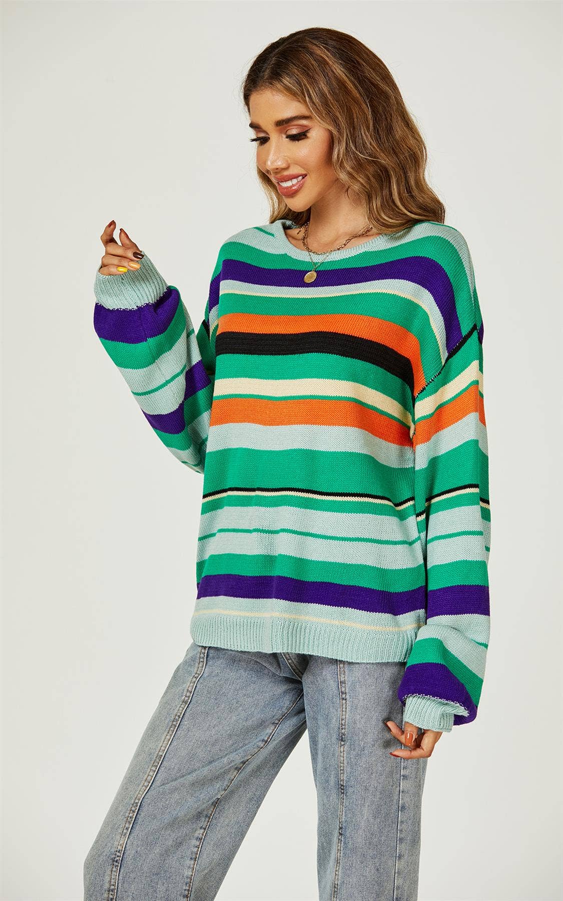 Flefärgad Randig Stickad Tröja - One Size