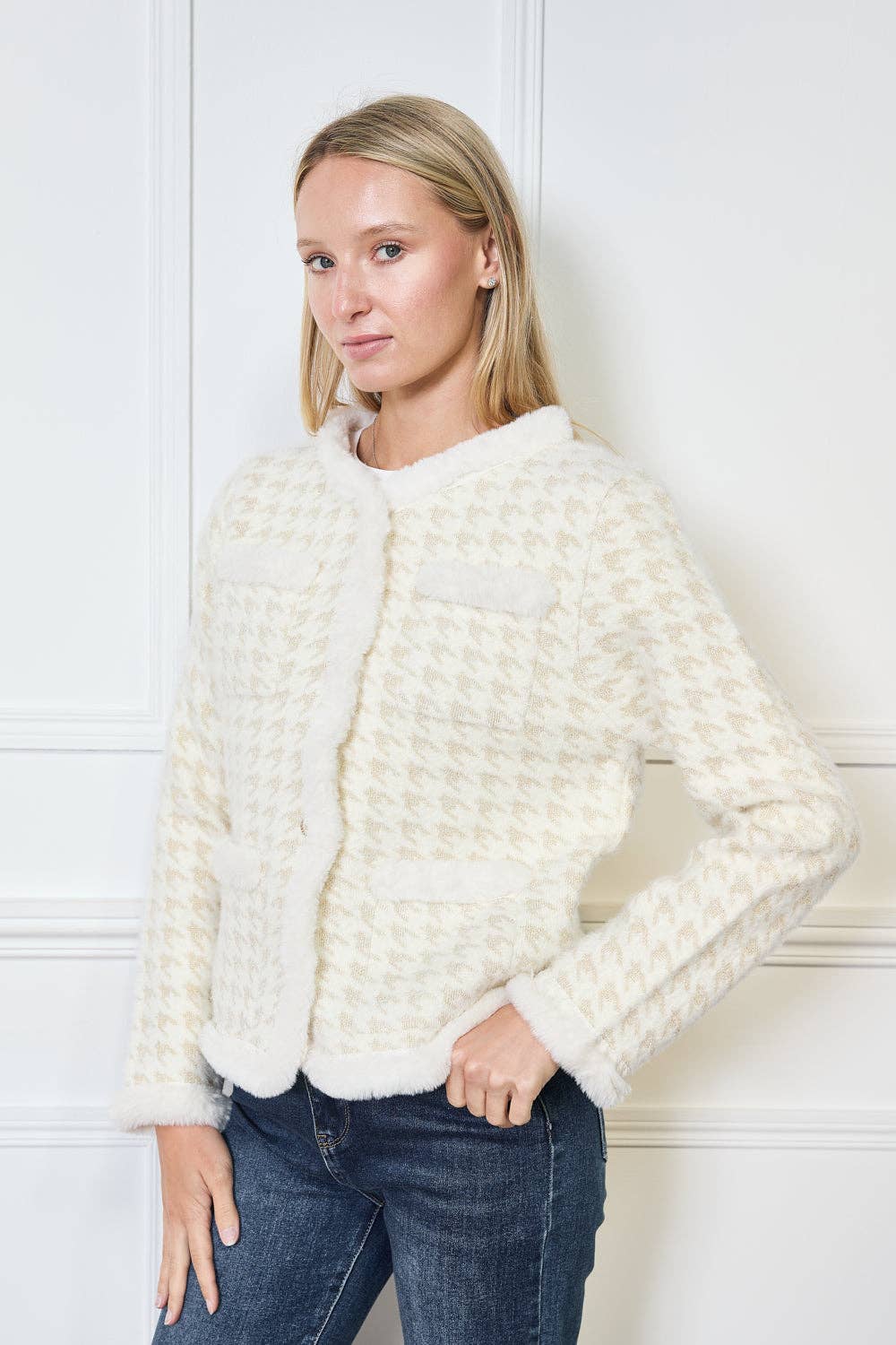 Houndstooth kofta med fuskpäls trim - Onesize