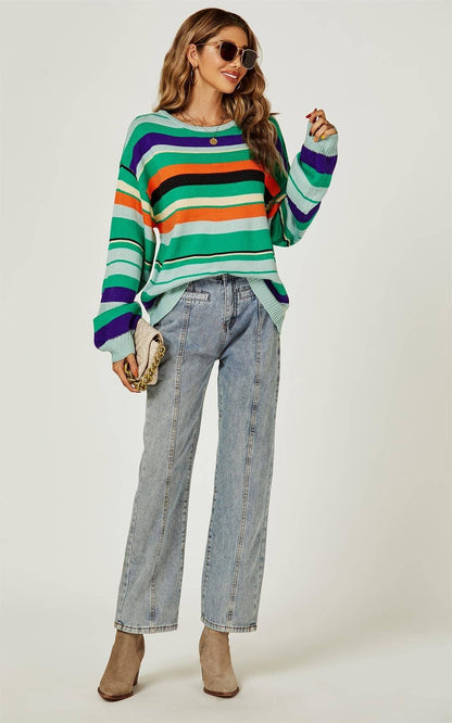 Flefärgad Randig Stickad Tröja - One Size