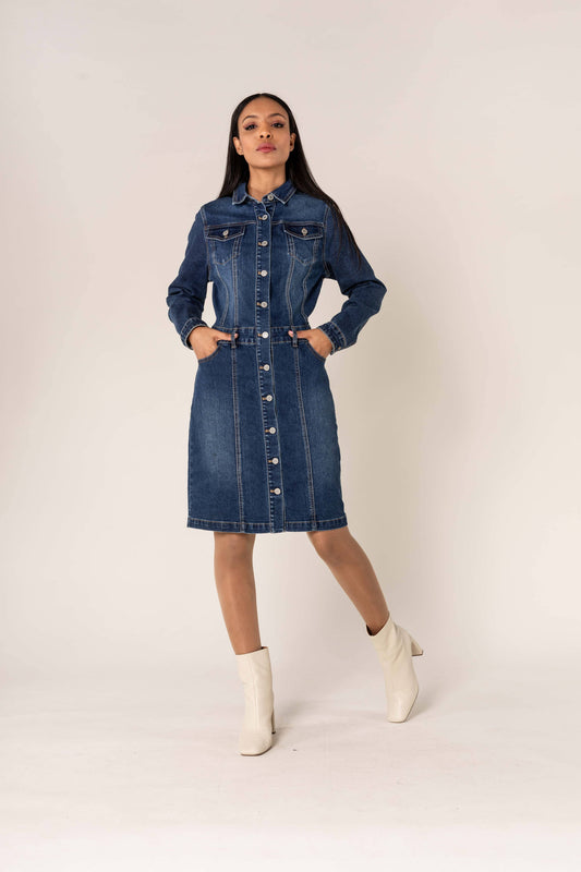 Stretch knäppt långärmad denimklänning