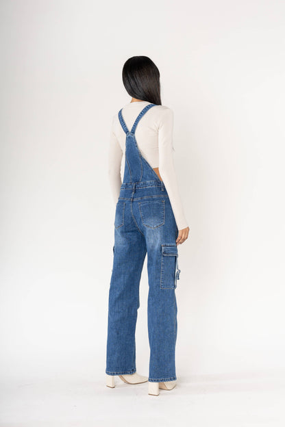 Nina Carter Hängselbyxa Cargo Denim Stretch - Blå