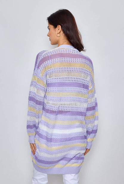 Lång virkad cardigan - 100 % Bomull - Lavendel L/XL