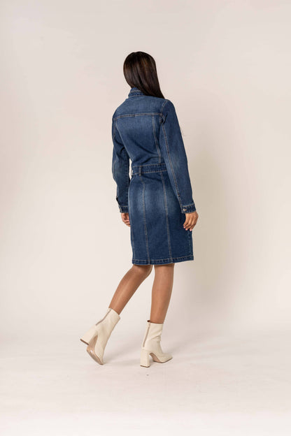 Stretch knäppt långärmad denimklänning