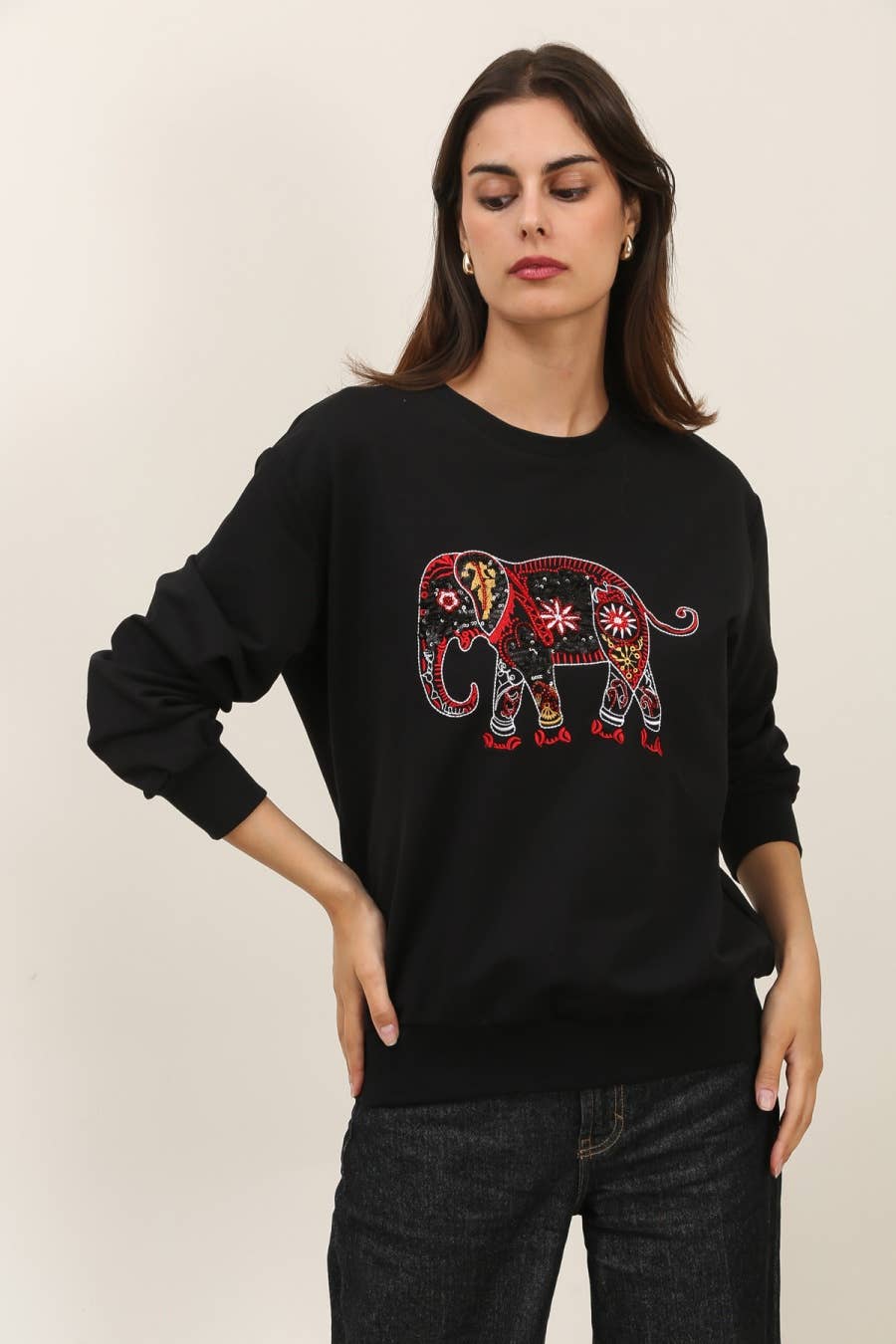 Sweatshirt med rund halsringning, broderad elefant: svart