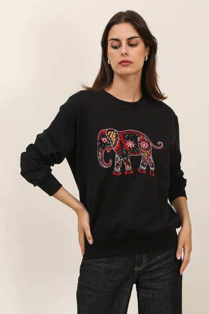 Sweatshirt med rund halsringning, broderad elefant: svart