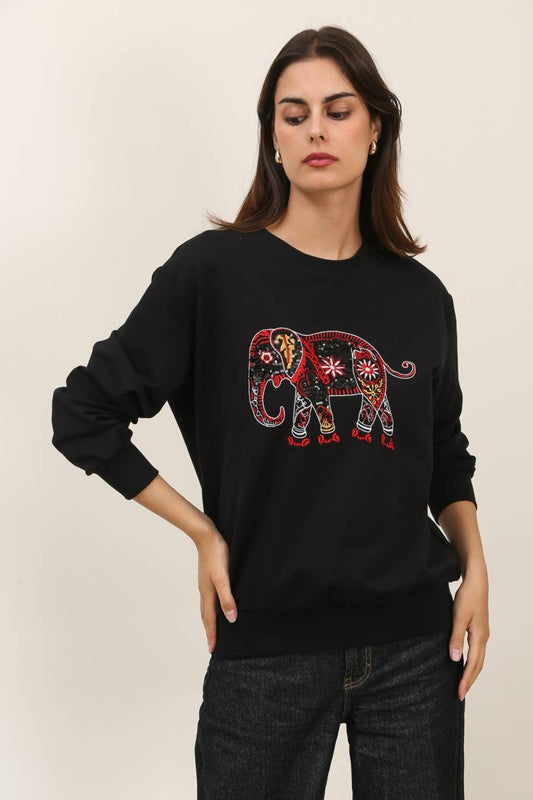 Sweatshirt med rund halsringning, broderad elefant: svart