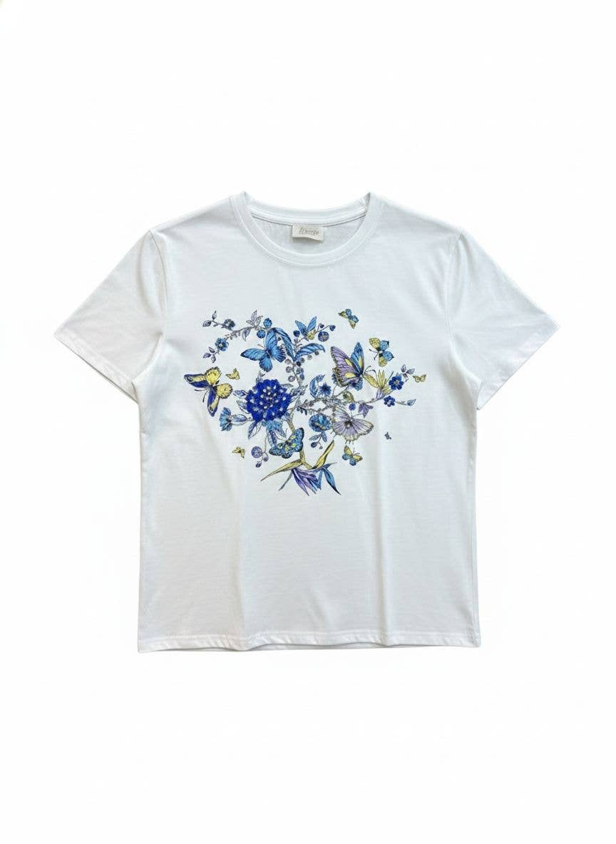 Kortärmad T-shirt i Bomull med Blommor och Fjärilar