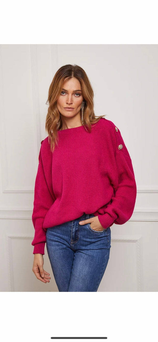 Kashmir tröja med dekorativa knappar: Fuchsia