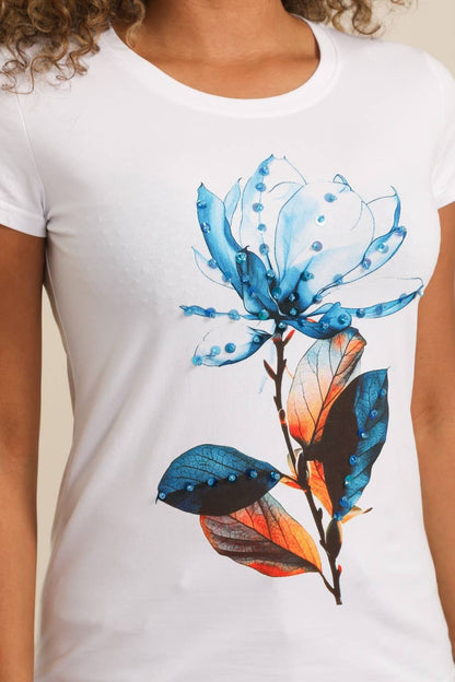 Bomulls-T-shirt med blommig strassdekor: vit