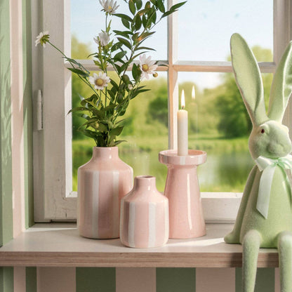 Vas randig i porslin, gul/rosa (B/H/D) 11 × 18 × 11 cm