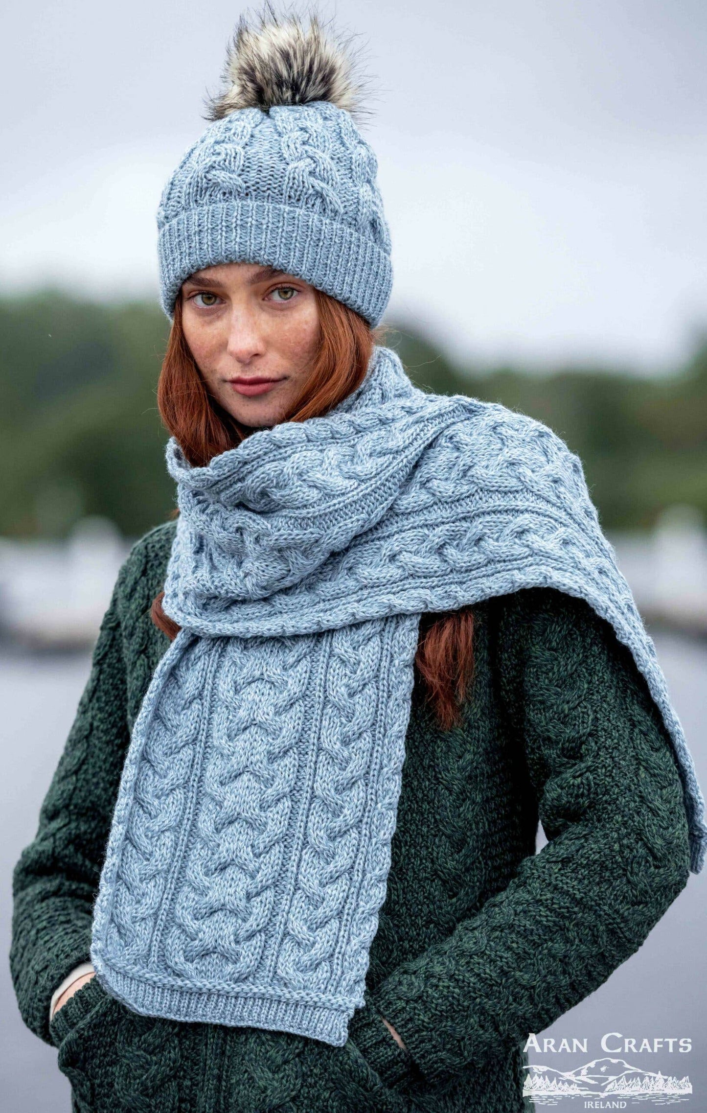 Kabelstickad Mössa - 100% Merinoull - grön / En storlek