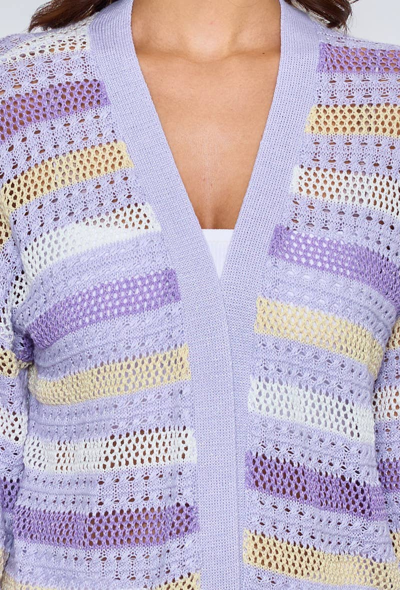 Lång virkad cardigan - 100 % Bomull - Lavendel L/XL