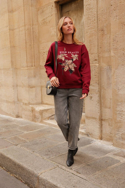 Sweatshirt med rund hals, ”Vild skönhet”: Bordeaux